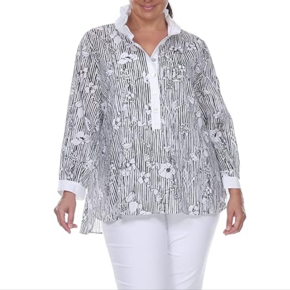 Terra SJ Apparel Top Black&White Stripe Floral Collar Button Popover Lagenlook 3